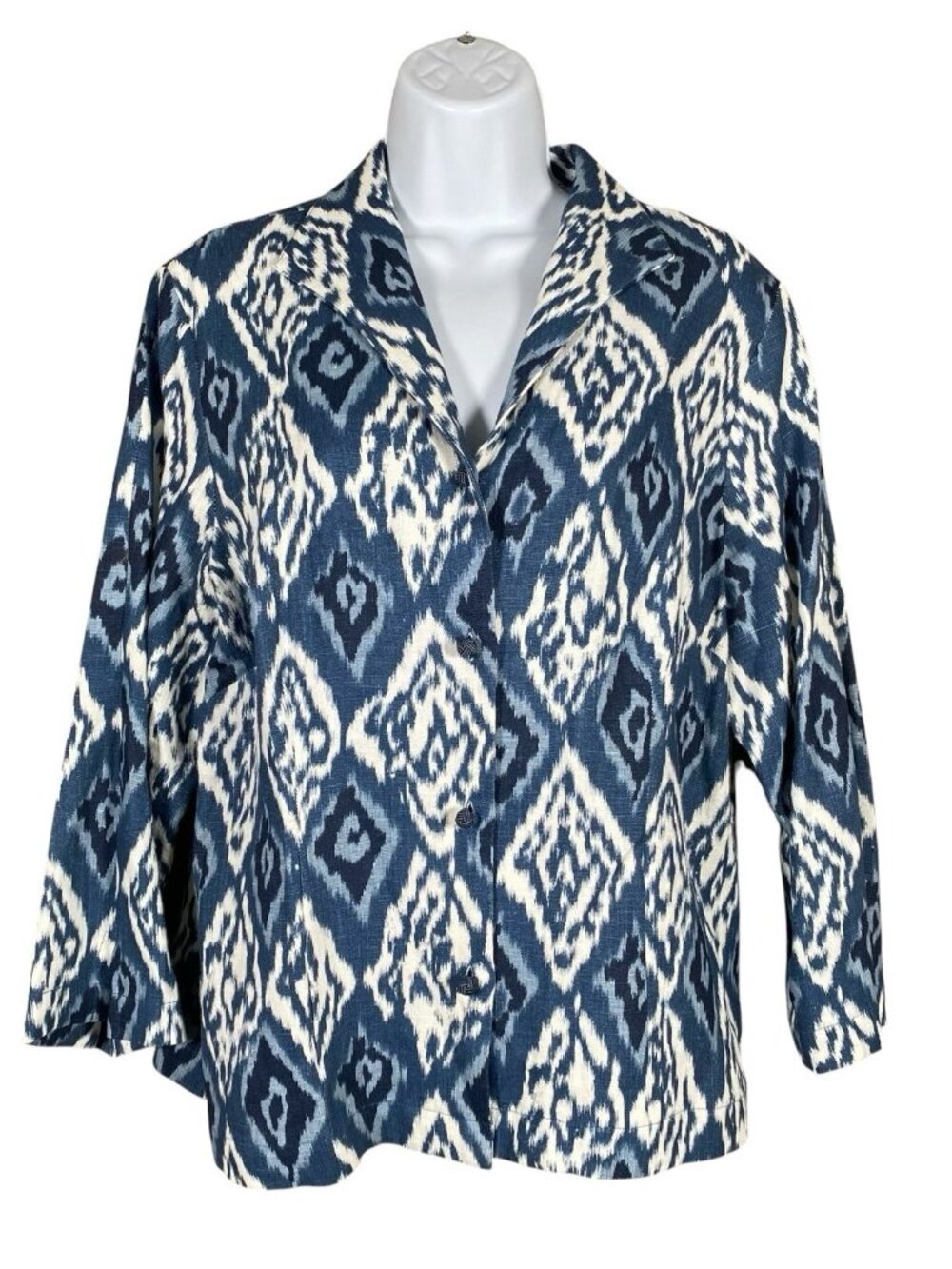 Connie Roberson 100% Linen Jacket M Frog Knot Buttons Coastal Artsy Blue Ikat